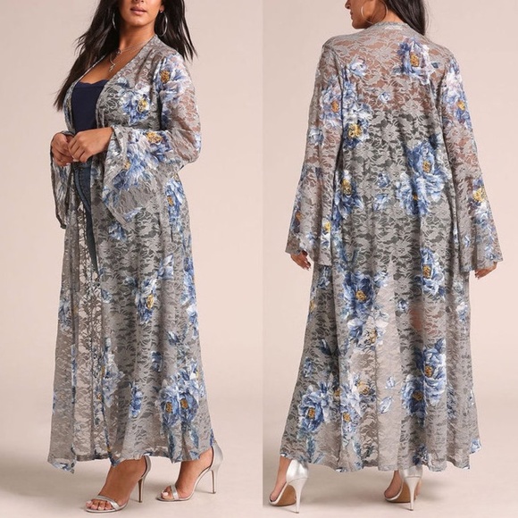 Tops - Plus Gray Blue Floral Lace Kimono Cardigan Tunic